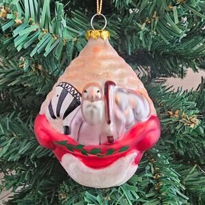 Vtg Noah's Ark Glass Christmas Tree Ornament 4” H Two Different Sides Animals